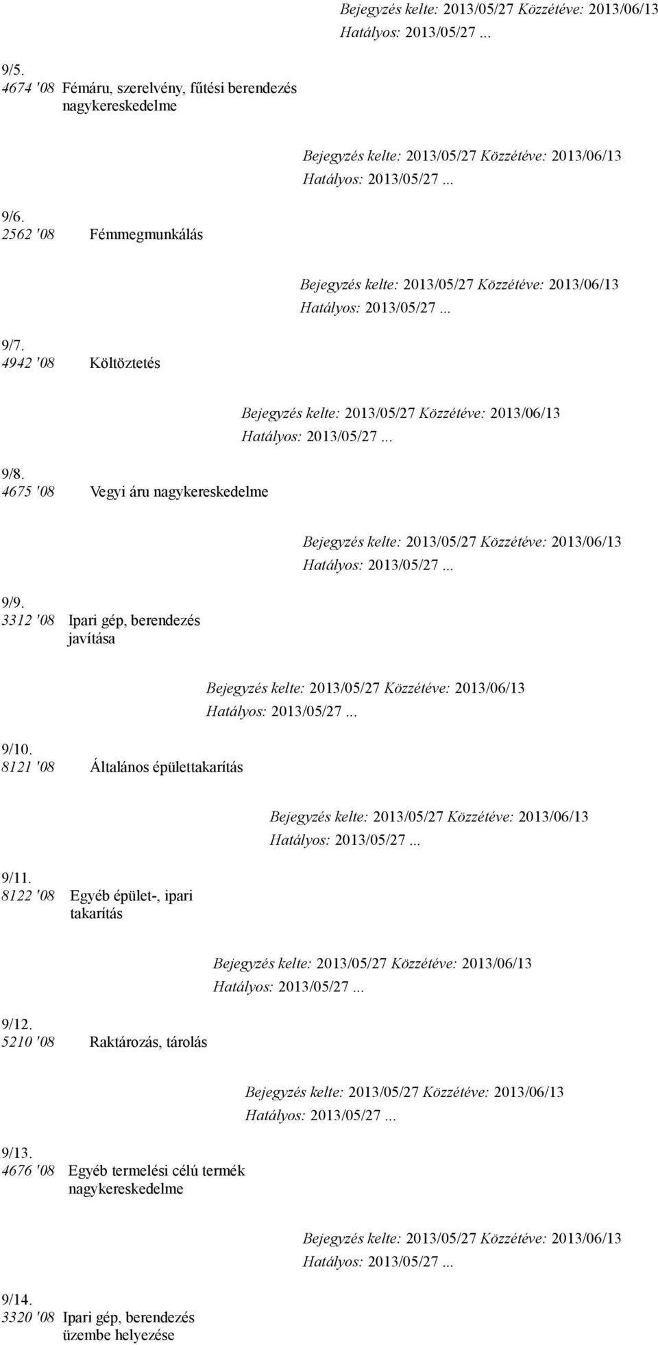 8121 '08 Általános épülettakarítás 9/11. 8122 '08 Egyéb épület-, ipari takarítás 9/12.