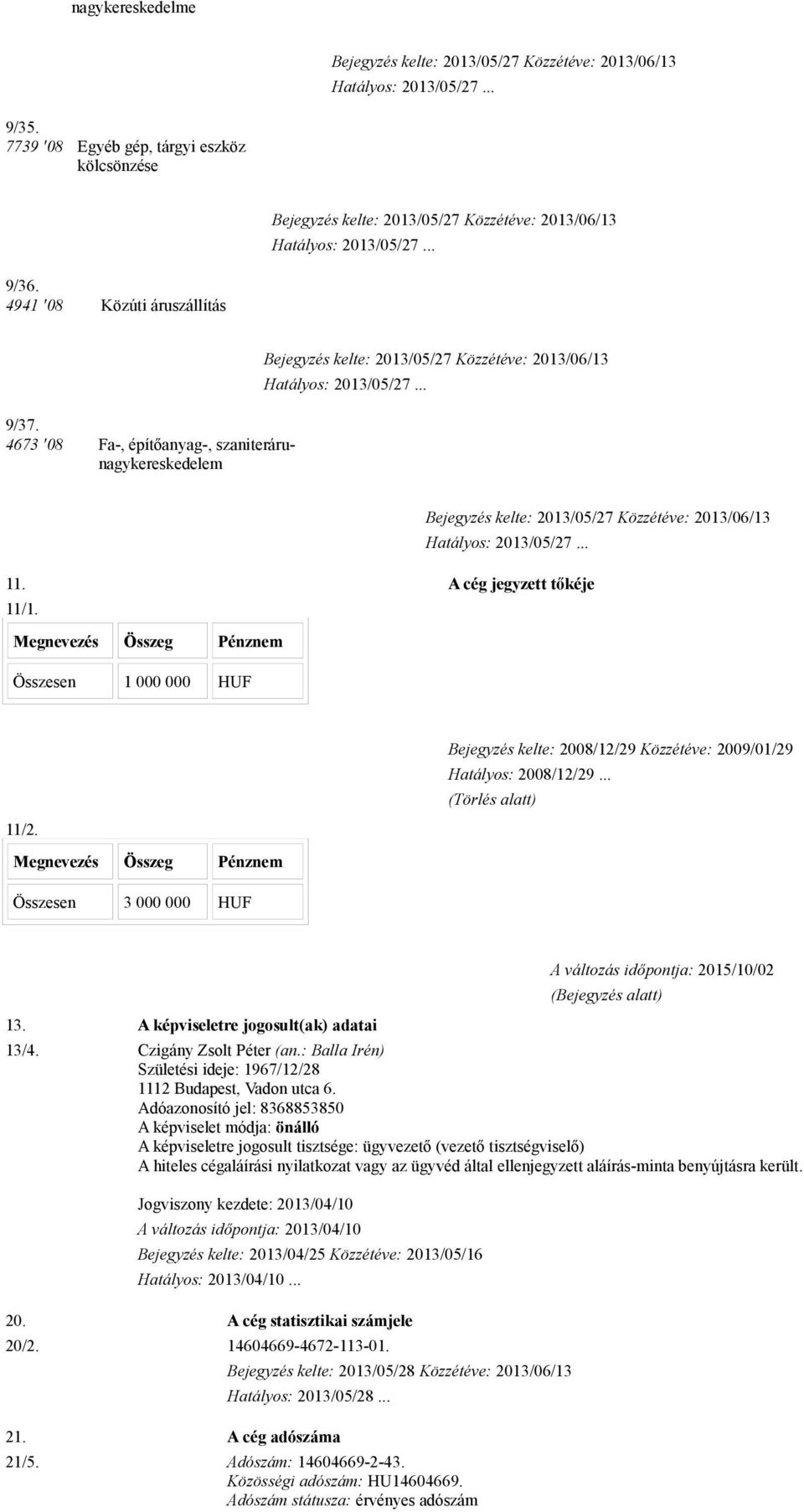 A képviseletre jogosult(ak) adatai A változás időpontja: 2015/10/02 (Bejegyzés alatt) 13/4. Czigány Zsolt Péter (an.: Balla Irén) Születési ideje: 1967/12/28 1112 Budapest, Vadon utca 6.