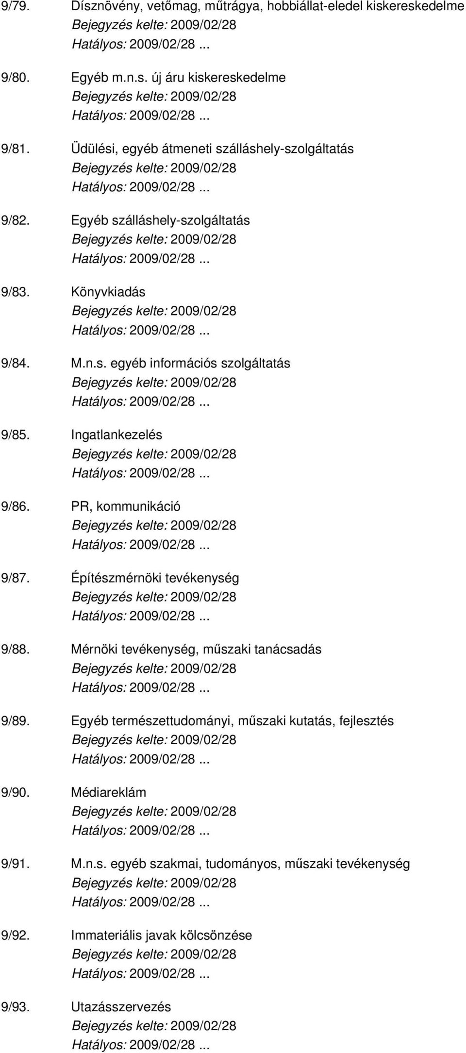 Ingatlankezelés 9/86. PR, kommunikáció 9/87. Építészmérnöki tevékenység 9/88. Mérnöki tevékenység, mőszaki tanácsadás 9/89.