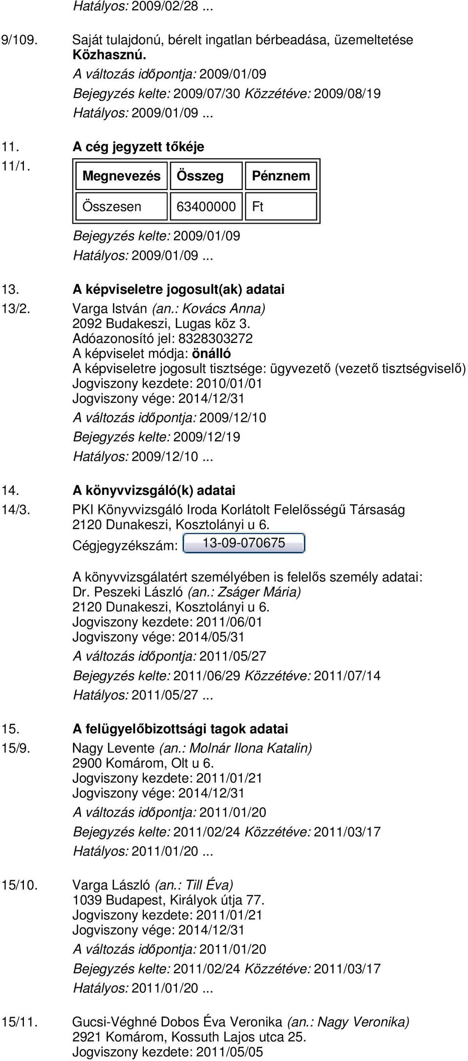 Adóazonosító jel: 8328303272 A képviselet módja: önálló A képviseletre jogosult tisztsége: ügyvezetı (vezetı tisztségviselı) Jogviszony kezdete: 2010/01/01 Jogviszony vége: 2014/12/31 A változás