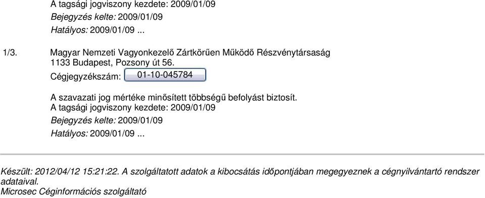 Cégjegyzékszám: 01-10-045784 A szavazati jog mértéke minısített többségő befolyást biztosít.