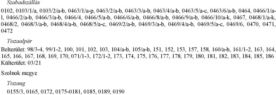 0469/6, 0470, 0471, 0472 Tiszaalpár Belterület: 98/3-4, 99/1-2, 100, 101, 102, 103, 104/a-b, 105/a-b, 151, 152, 153, 157, 158, 160/a-b, 161/1-2, 163, 164, 165, 166, 167,