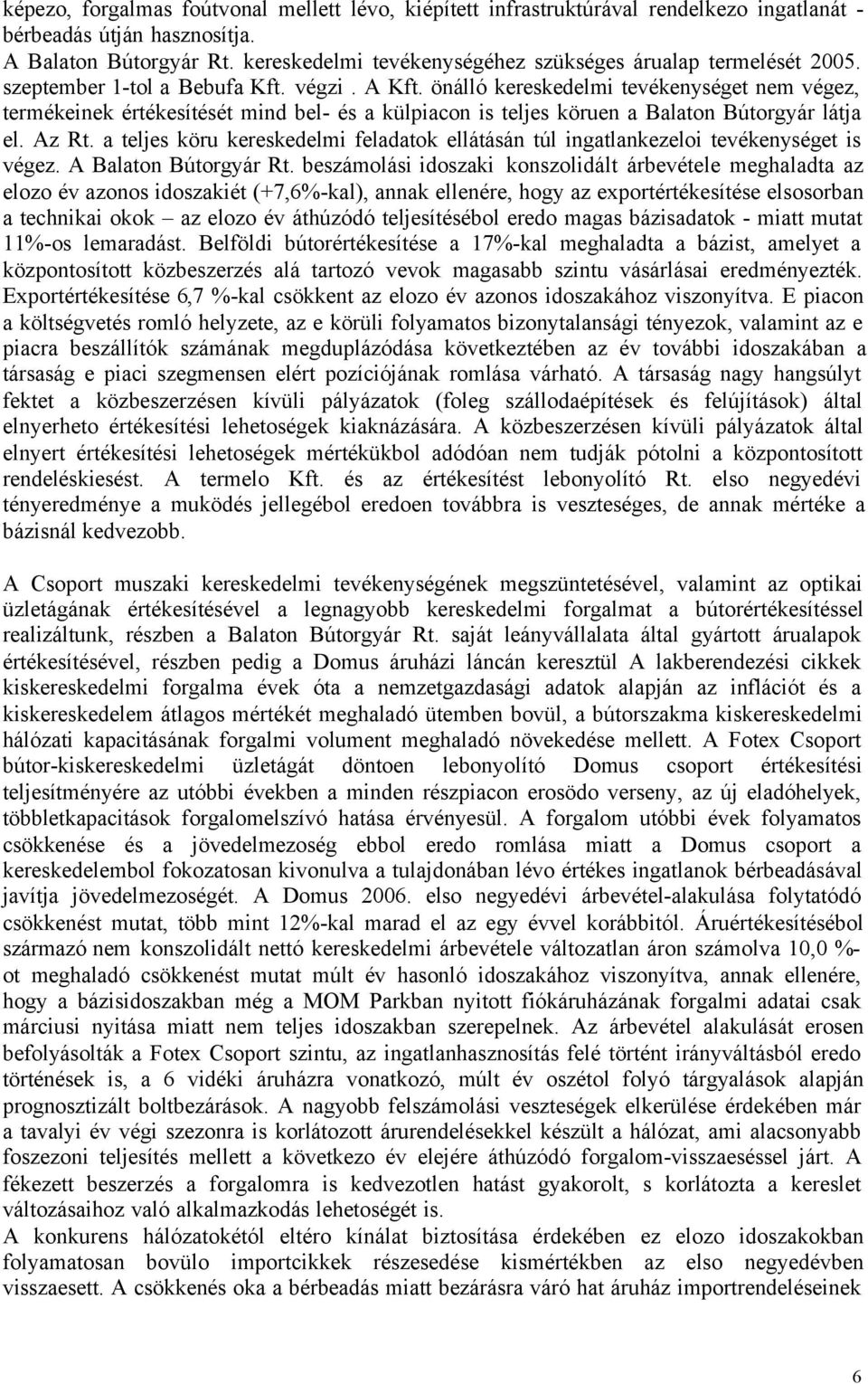 önálló kereskedelmi tevékenységet nem végez, termékeinek értékesítését mind bel- és a külpiacon is teljes köruen a Balaton Bútorgyár látja el. Az Rt.
