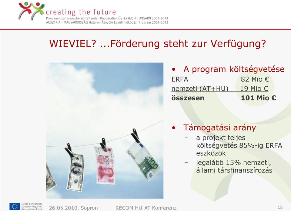 101 Mio Támogatási arány a projekt teljes költségvetés 85%-ig ERFA