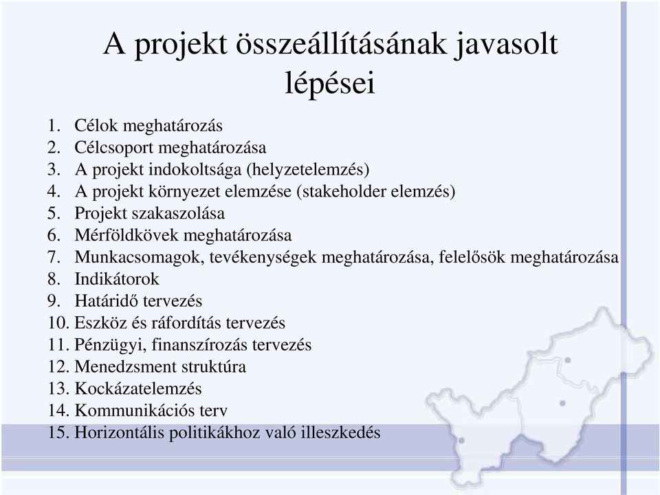 Mérföldkövek meghatározása 7. Munkacsomagok, tevékenységek meghatározása, felelısök meghatározása 8. Indikátorok 9.