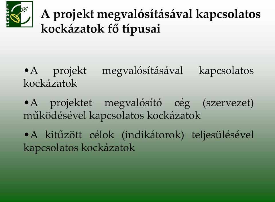 megvalósító cég (szervezet) működésével kapcsolatos kock{zatok