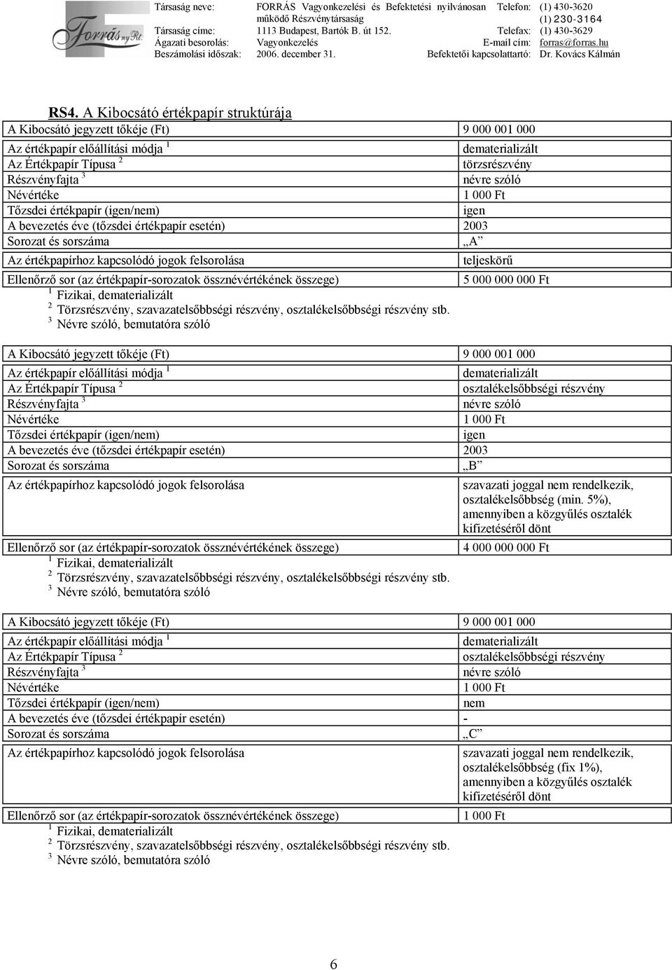 értékpapír-sorozatok össznévértékének összege) 1 Fizikai, dematerializált 2 Törzsrészvény, szavazatelsőbbségi részvény, osztalékelsőbbségi részvény stb.