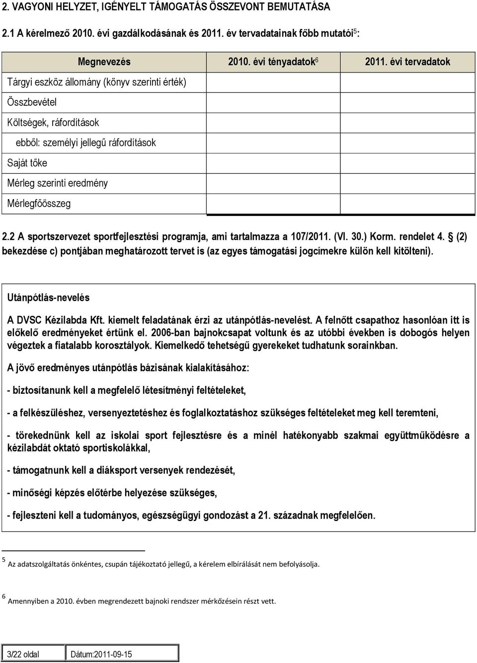 2 A sportszervezet sportfejlesztési programja, ami tartalmazza a 107/2011. (VI. 30.) Korm. rendelet 4.