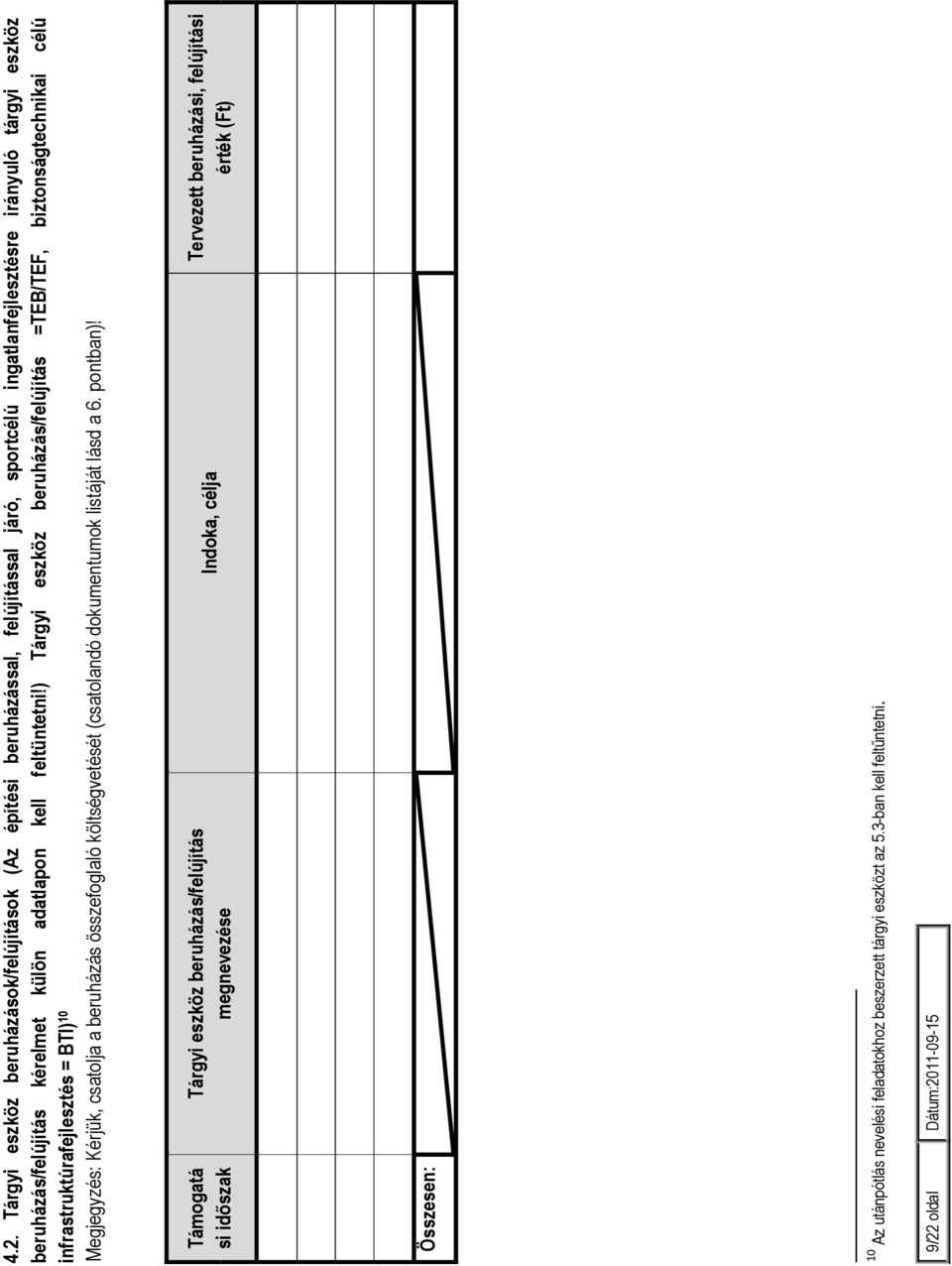 ) Tárgyi eszköz beruházás/felújítás =TEB/TEF, biztonságtechnikai célú infrastruktúrafejlesztés = BTI) 10 Megjegyzés: Kérjük, csatolja a beruházás összefoglaló