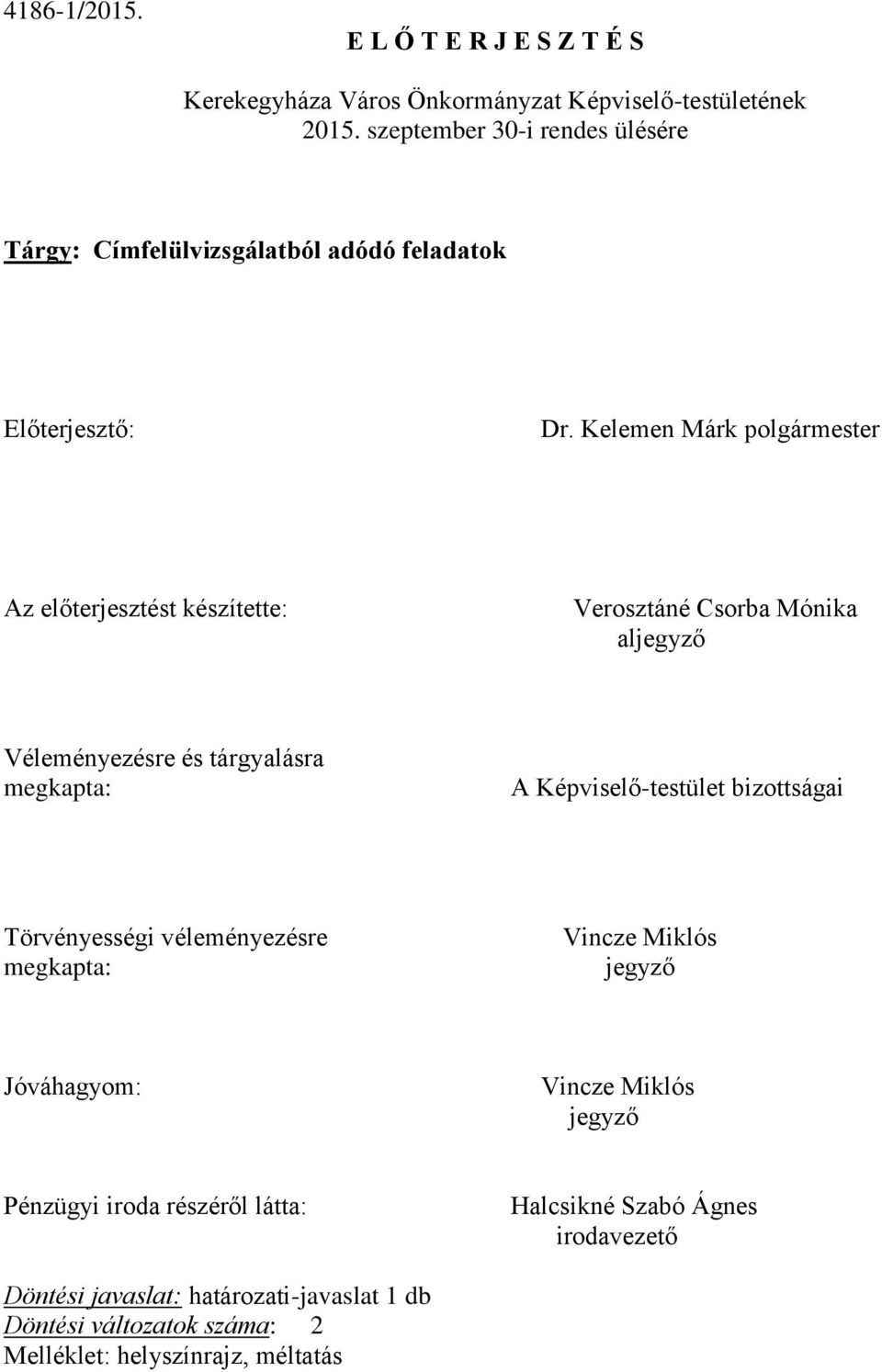 Kelemen Márk polgármester Az előterjesztést készítette: Verosztáné Csorba Mónika aljegyző Véleményezésre és tárgyalásra megkapta: A Képviselő-testület