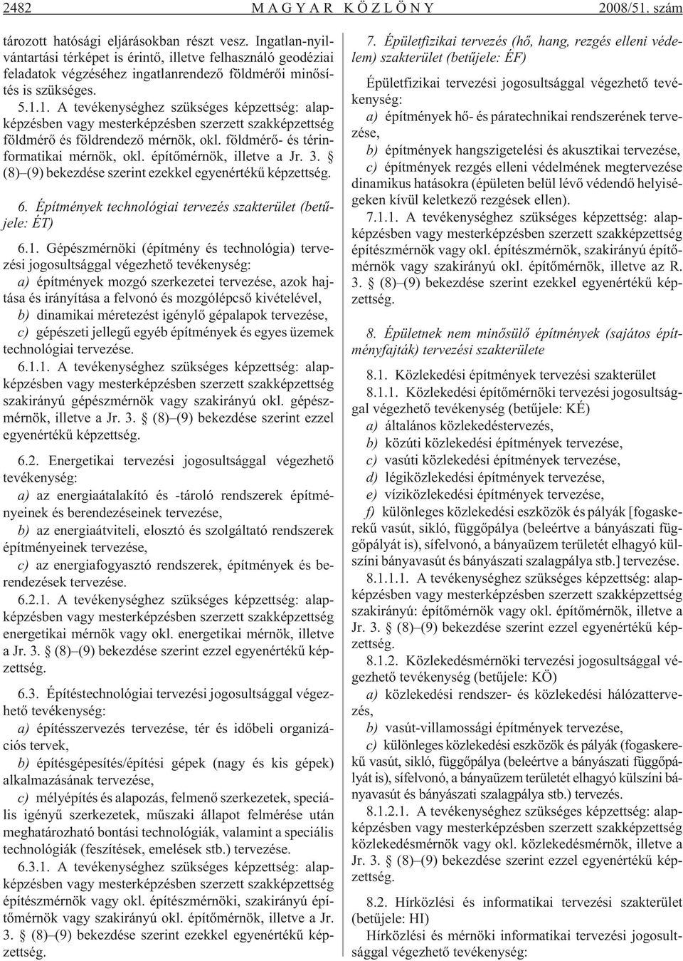 1. A tevékenységhez szükséges képzettség: alapképzésben vagy mesterképzésben szerzett szakképzettség földmérõ és földrendezõ mérnök, okl. földmérõ- és térinformatikai mérnök, okl.