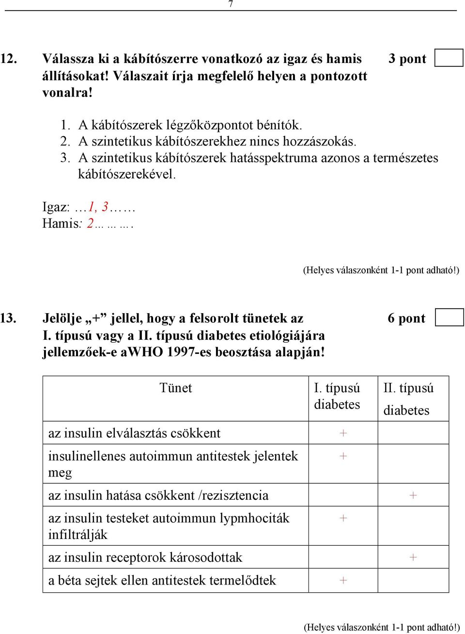 Jelölje + jellel, hogy a felsorolt tünetek az 6 pont I. típusú vagy a II. típusú diabetes etiológiájára jellemzıek-e awho 1997-es beosztása alapján! Tünet I.