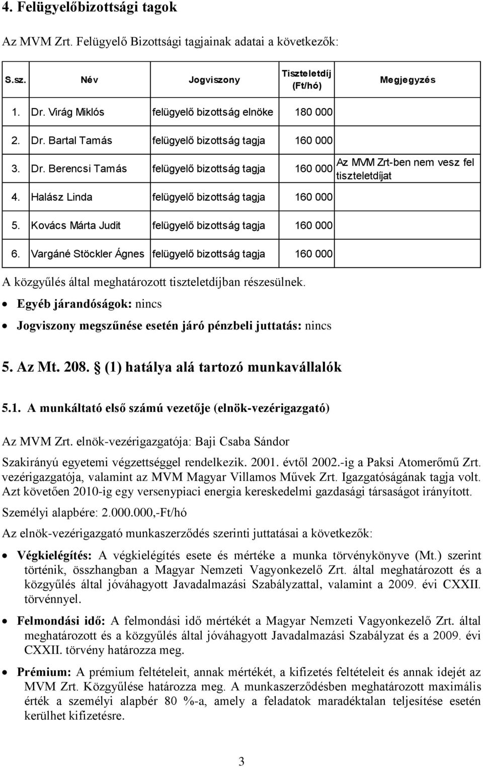 Vargáné Stöckler Ágnes felügyelő bizottság tagja 160 000 A közgyűlés által meghatározott tiszteletdíjban részesülnek.