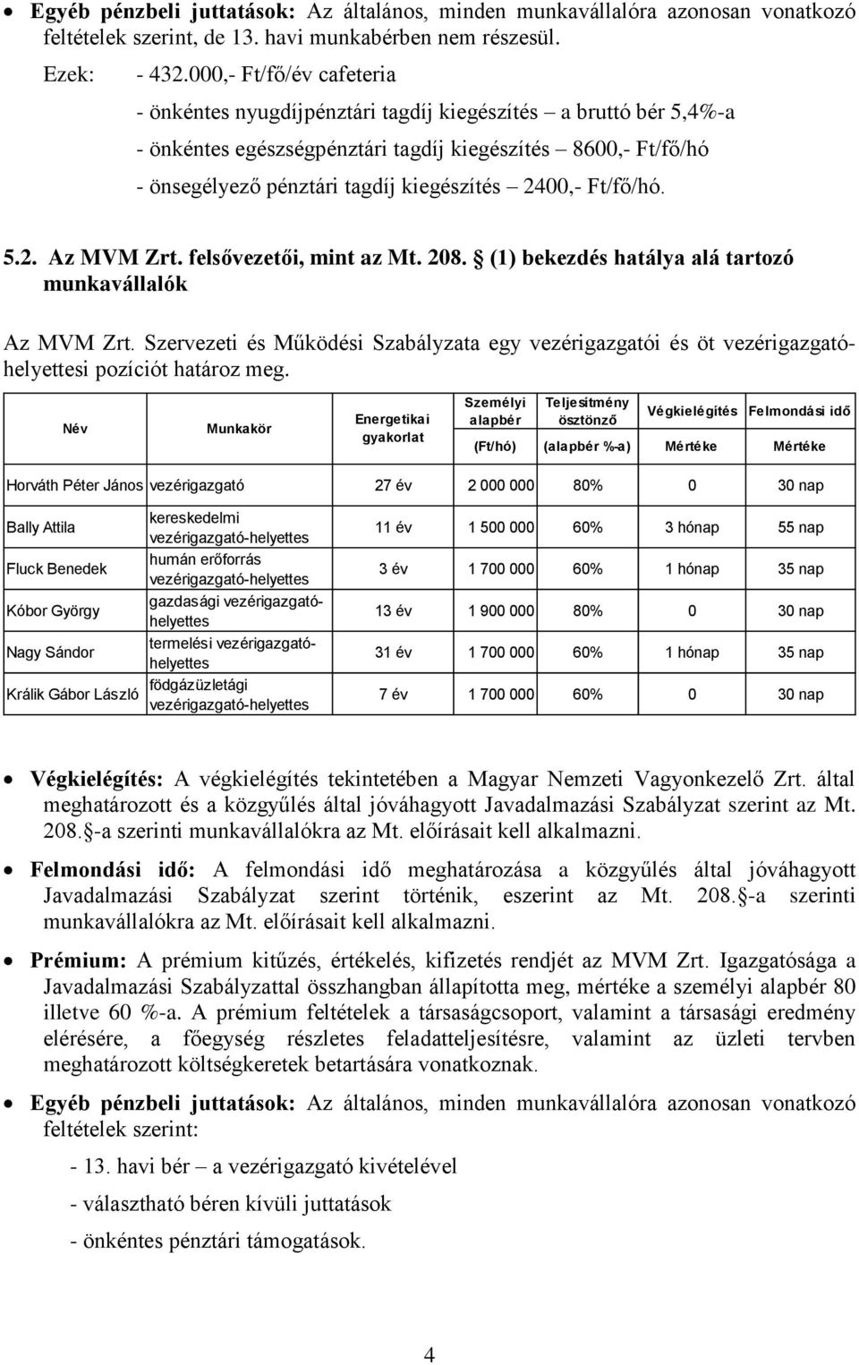 2400,- Ft/fő/hó. 5.2. Az MVM Zrt. felsővezetői, mint az Mt. 208. (1) bekezdés hatálya alá tartozó munkavállalók Az MVM Zrt.