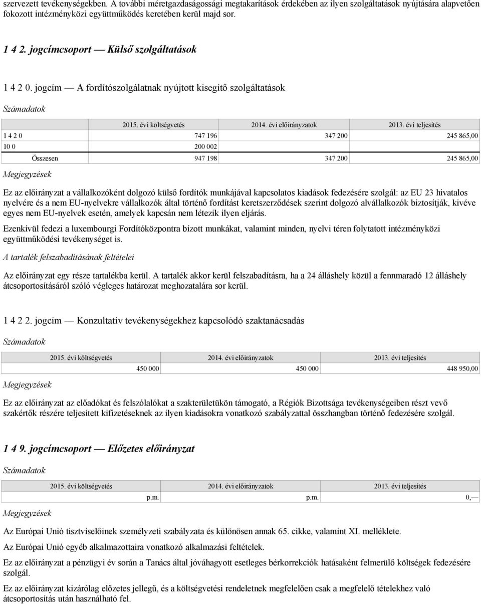 jogcím A fordítószolgálatnak nyújtott kisegítő szolgáltatások 1 4 2 0 747 196 347 200 245 865,00 10 0 200 002 Összesen 947 198 347 200 245 865,00 Ez az előirányzat a vállalkozóként dolgozó külső