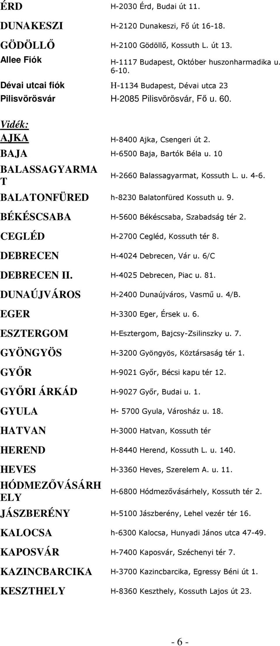 10 BALASSAGYARMA T H-2660 Balassagyarmat, Kossuth L. u. 4-6. BALATONFÜRED h-8230 Balatonfüred Kossuth u. 9. BÉKÉSCSABA H-5600 Békéscsaba, Szabadság tér 2. CEGLÉD H-2700 Cegléd, Kossuth tér 8.