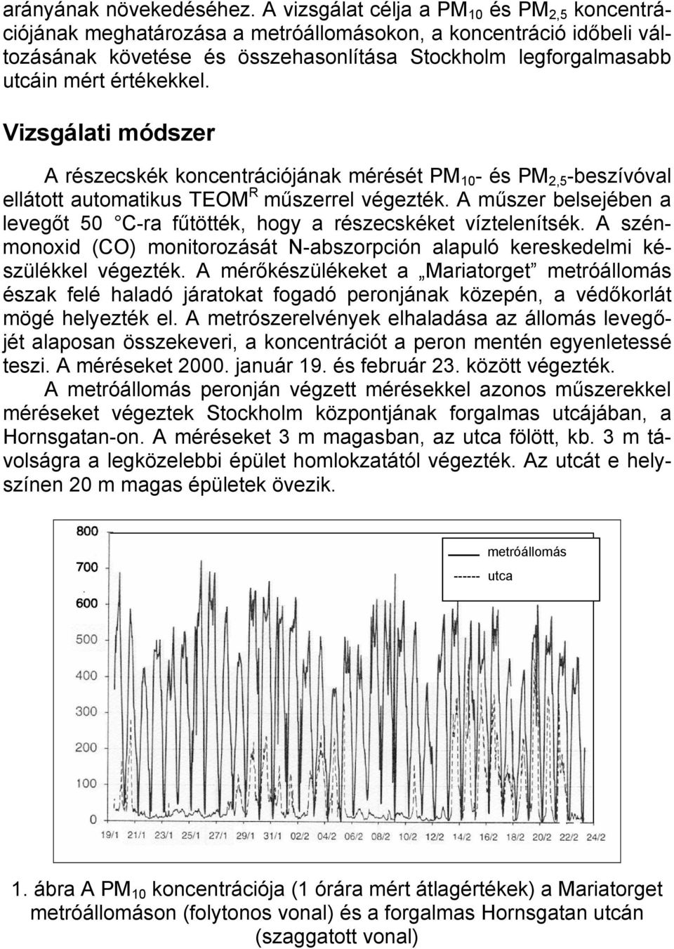 értékekkel. Vizsgálati módszer A részecskék koncentrációjának mérését PM 10 - és PM 2,5 -beszívóval ellátott automatikus TEOM R műszerrel végezték.