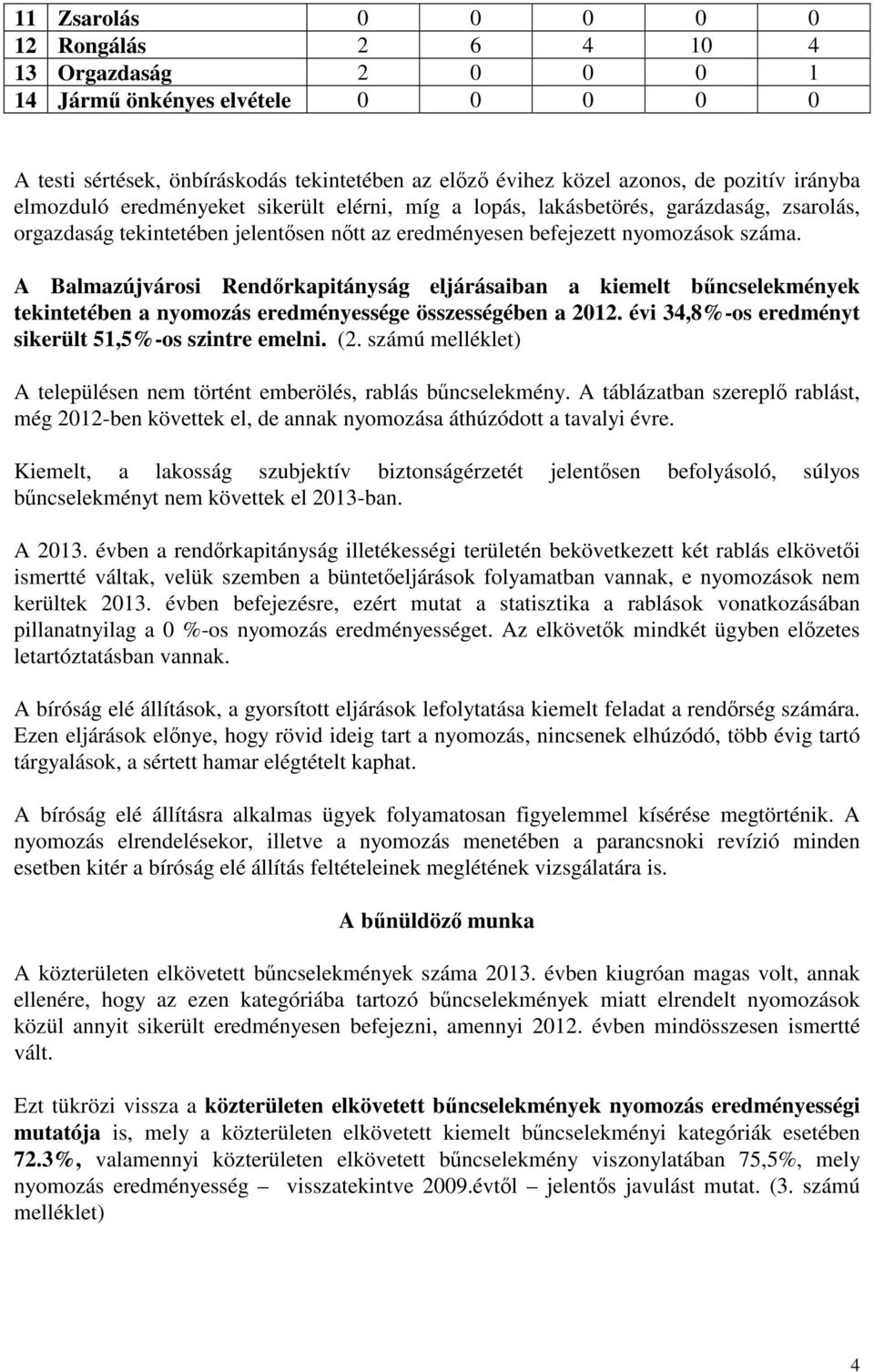 A Balmazújvárosi Rendőrkapitányság eljárásaiban a kiemelt bűncselekmények tekintetében a nyomozás eredményessége összességében a 2012. évi 34,8%-os eredményt sikerült 51,5%-os szintre emelni. (2.