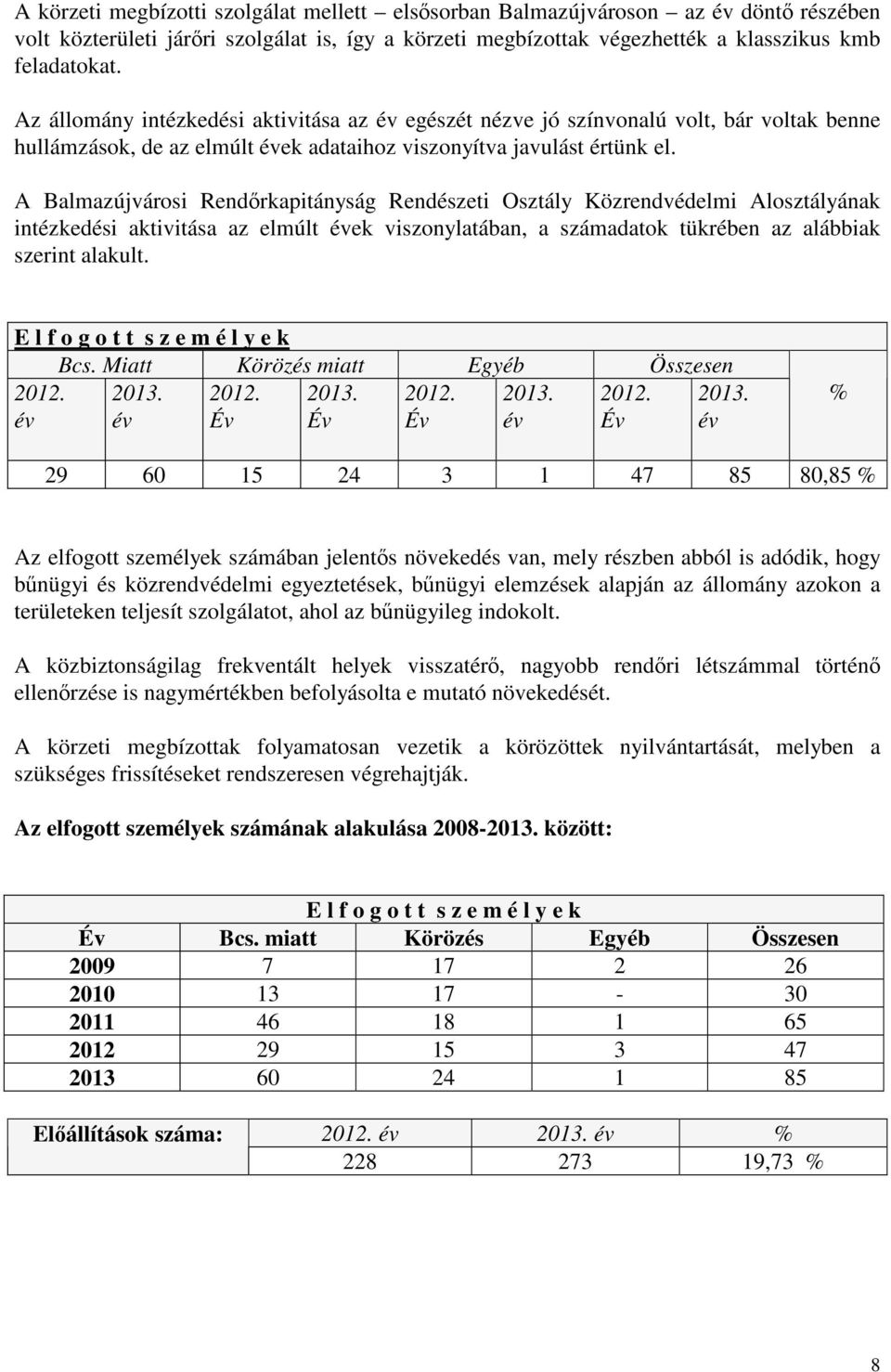 A Balmazújvárosi Rendőrkapitányság Rendészeti Osztály Közrendvédelmi Alosztályának intézkedési aktivitása az elmúlt évek viszonylatában, a számadatok tükrében az alábbiak szerint alakult.