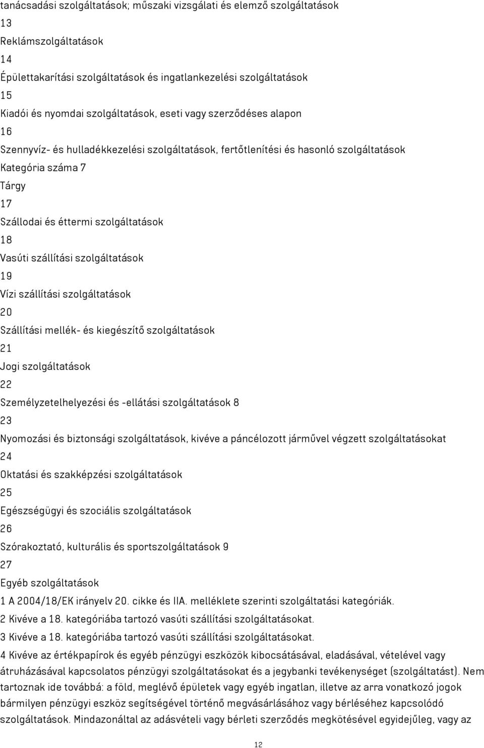 18 Vasúti szállítási szolgáltatások 19 Vízi szállítási szolgáltatások 20 Szállítási mellék- és kiegészítő szolgáltatások 21 Jogi szolgáltatások 22 Személyzetelhelyezési és -ellátási szolgáltatások 8