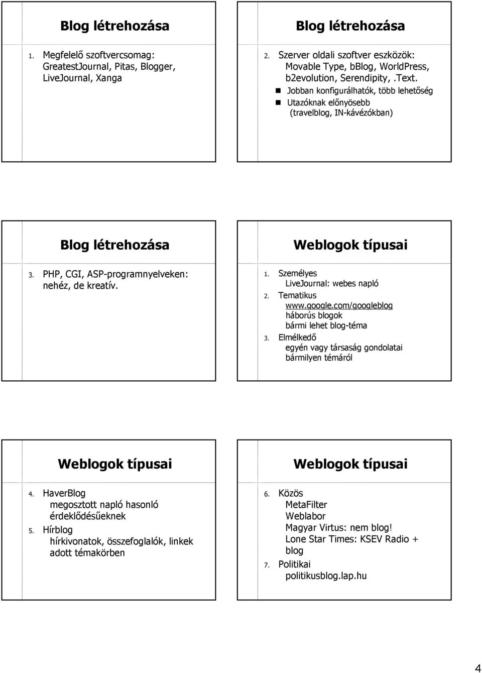 Jobban konfigurálhatók, több lehetőség Utazóknak előnyösebb (travelblog, IN-kávézókban kávézókban) Blog létrehozása 3. PHP, CGI, ASP-programnyelveken programnyelveken: nehéz, de kreatív. 1.
