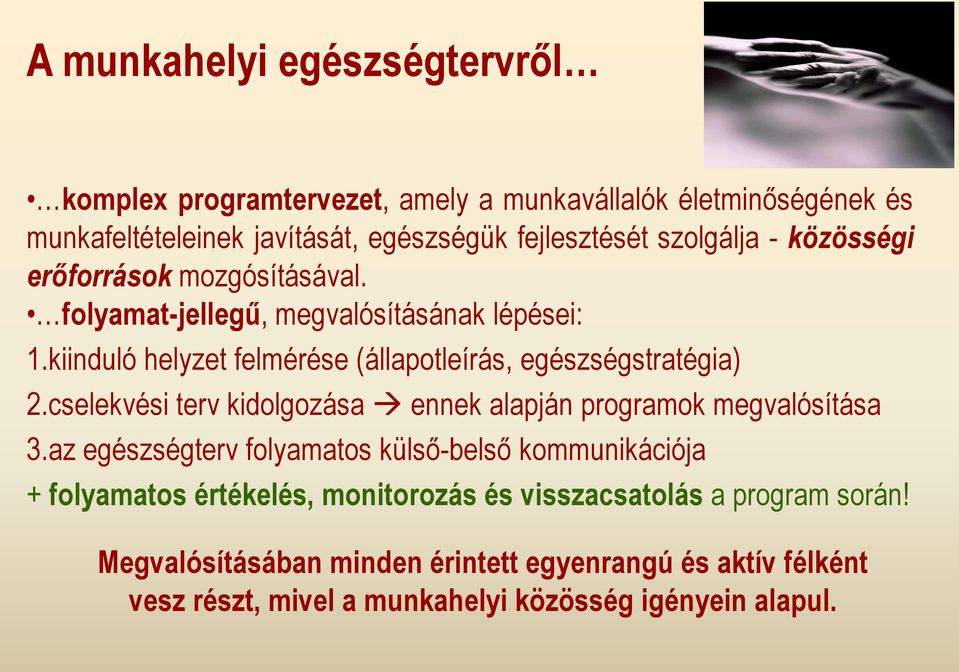 kiinduló helyzet felmérése (állapotleírás, egészségstratégia) 2.cselekvési terv kidolgozása ennek alapján programok megvalósítása 3.