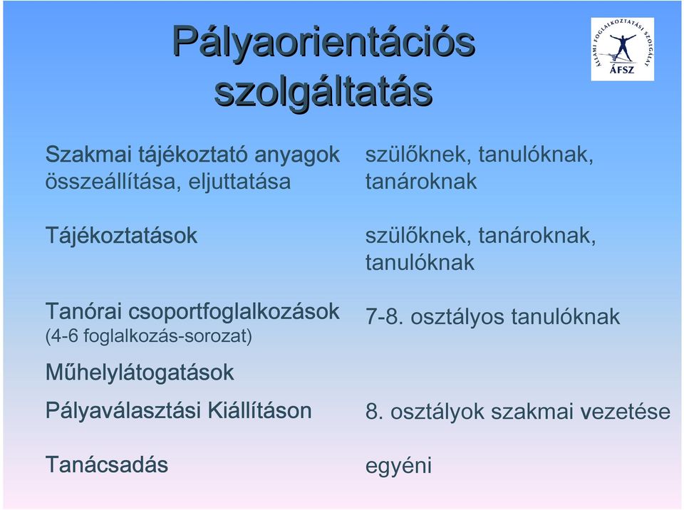 helylátogat togatások Pályav lyaválaszt lasztási si Kiáll llításon Tanácsad csadás szülőknek,