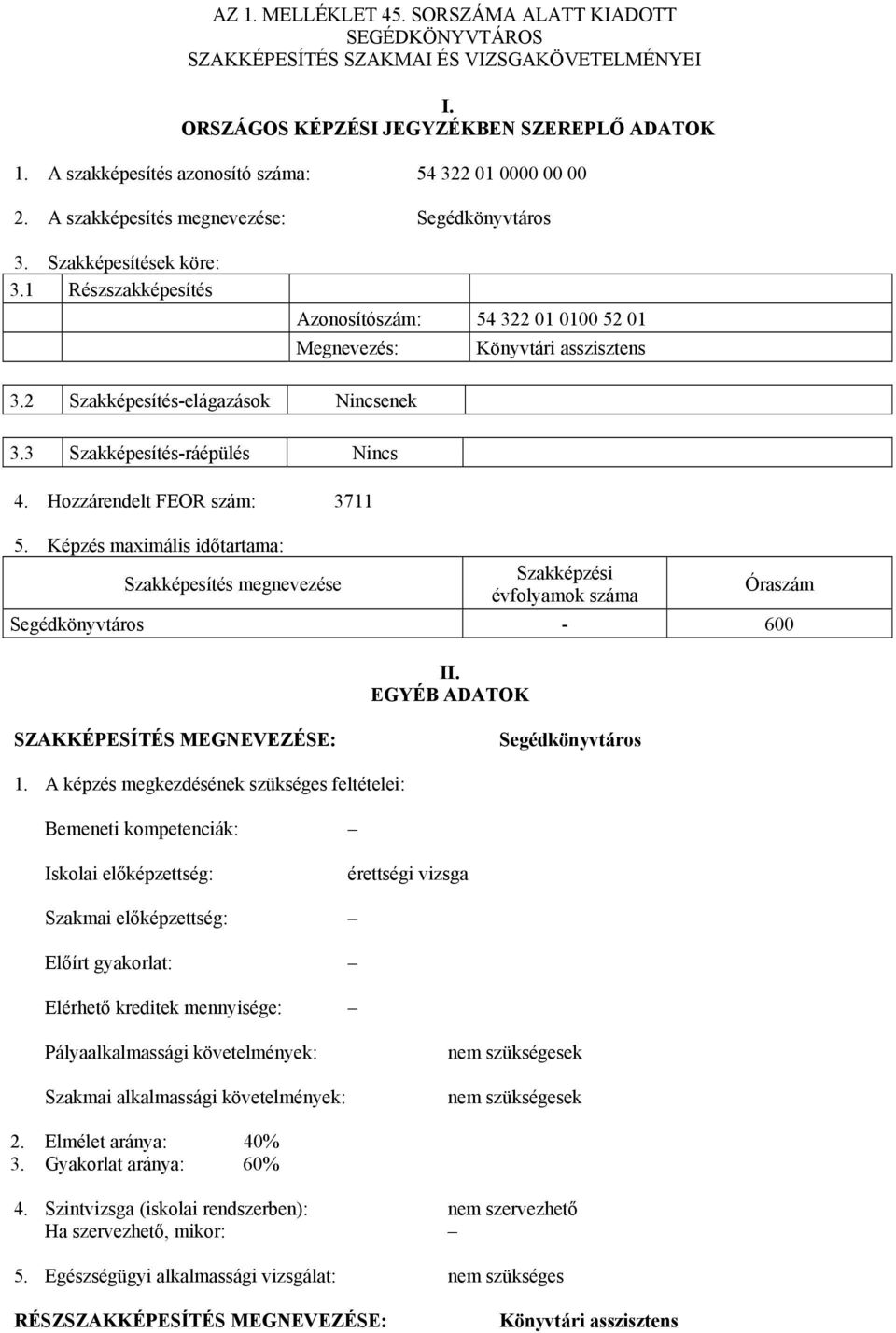 1 Részszakképesítés Azonosítószám: 54 322 01 0100 52 01 Megnevezés: Könyvtári asszisztens 3.2 Szakképesítés-elágazások Nincsenek 3.3 Szakképesítés-ráépülés Nincs 4. Hozzárendelt FEOR szám: 3711 5.