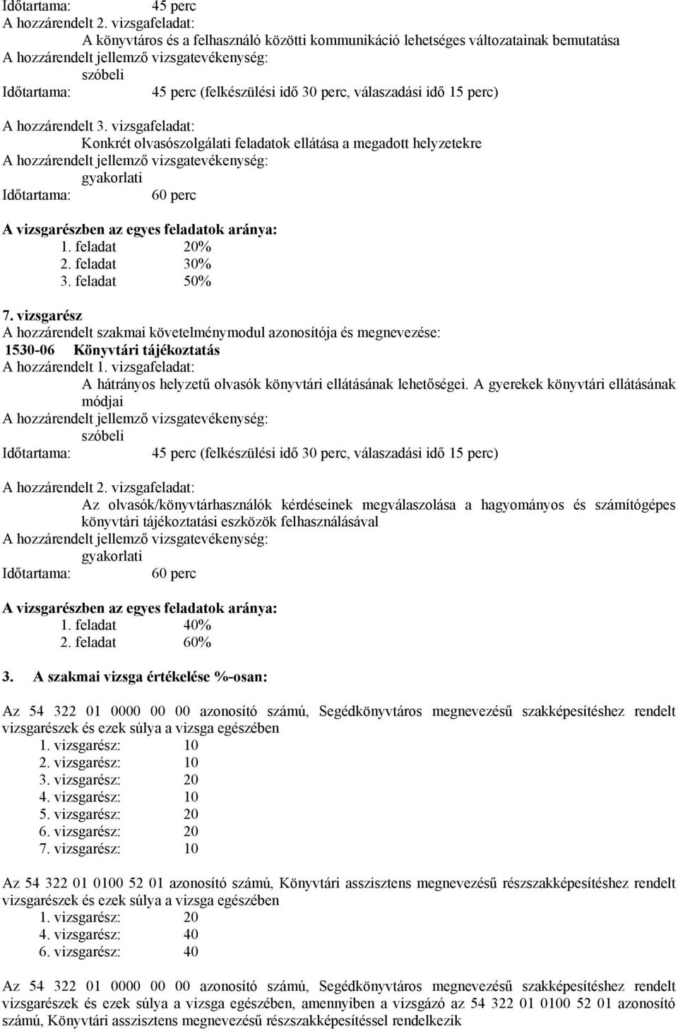 vizsgafeladat: Konkrét olvasószolgálati feladatok ellátása a megadott helyzetekre gyakorlati 60 perc A vizsgarészben az egyes feladatok aránya: 1. feladat 20% 2. feladat 30% 3. feladat 50% 7.