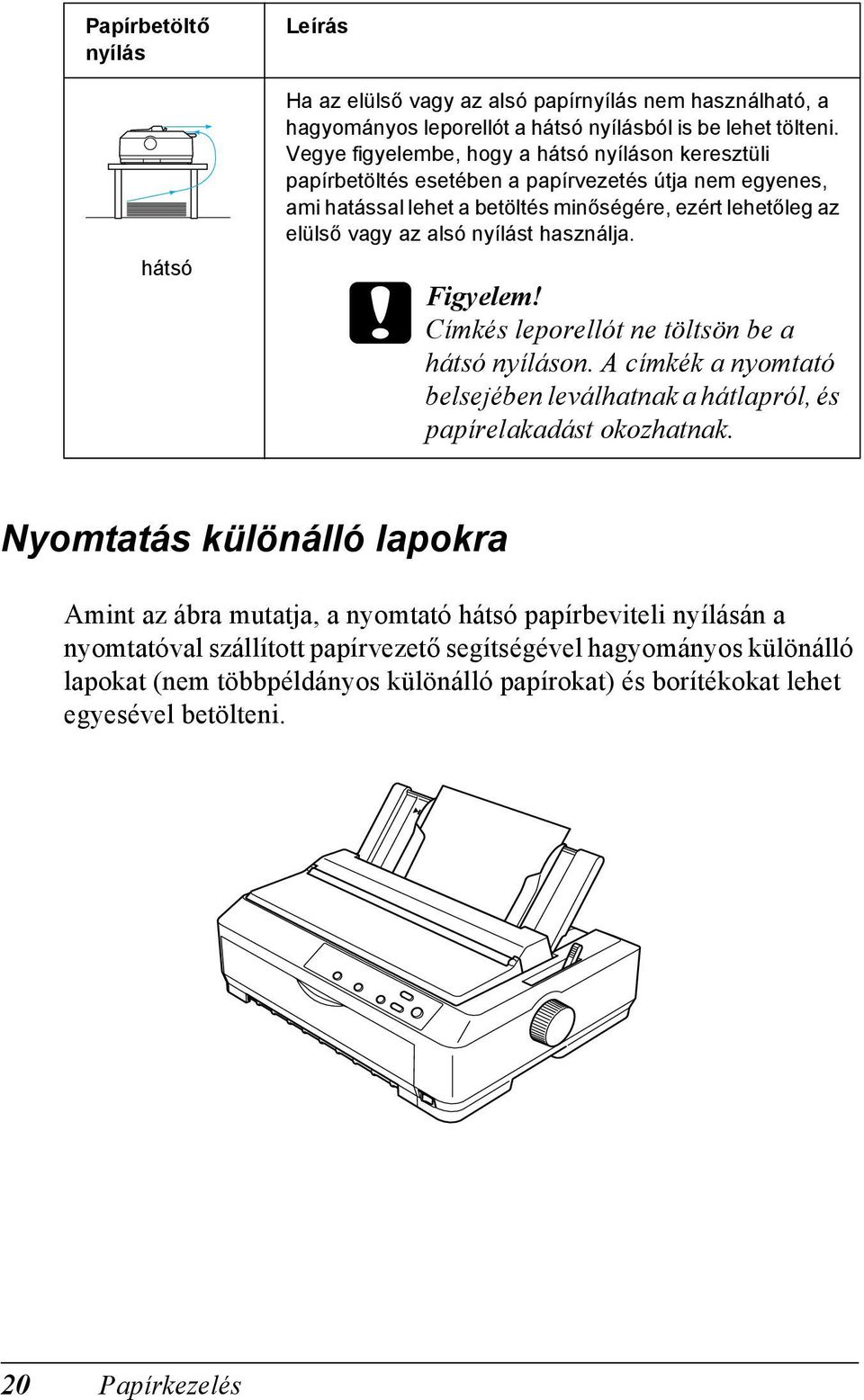 nyílást használja. c Figyelem! Címkés leporellót ne töltsön be a hátsó nyíláson. címkék a nyomtató belsejében leválhatnak a hátlapról, és papírelakadást okozhatnak.