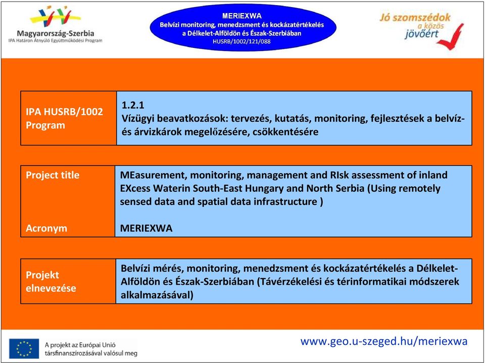 1 Vízügyi beavatkozások: tervezés, kutatás, monitoring, fejlesztések a belvízés árvizkárok megelızésére, csökkentésére Project