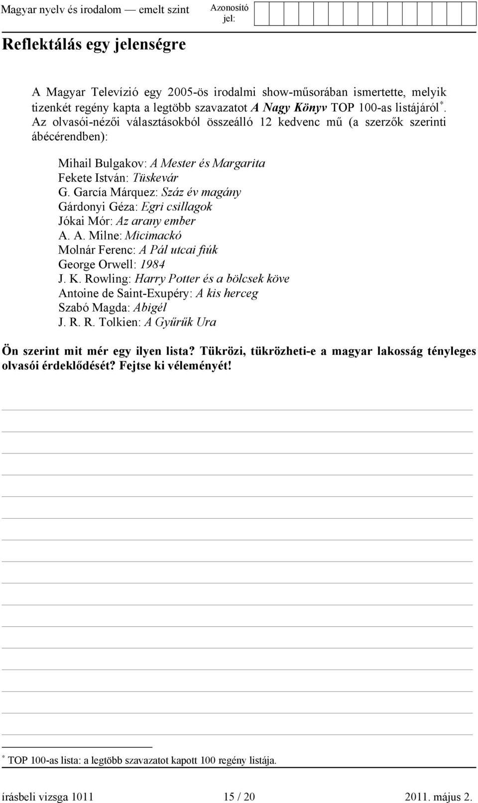 García Márquez: Száz év magány Gárdonyi Géza: Egri csillagok Jókai Mór: Az arany ember A. A. Milne: Micimackó Molnár Ferenc: A Pál utcai fiúk George Orwell: 1984 J. K.