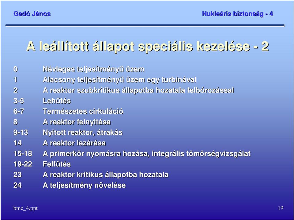 reaktorr felnyitása 9-13 Nyitott reaktor, átrakás 14 A reaktor lezárása 15-18 18 A primerkör r nyomásra hozása,