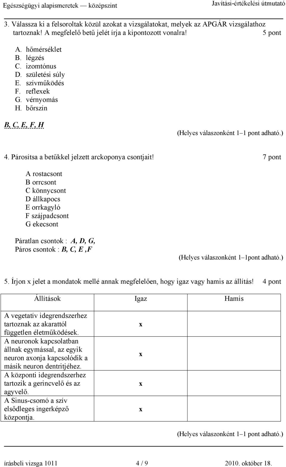 7 pont A rostacsont B orrcsont C könnycsont D állkapocs E orrkagyló F szájpadcsont G ekecsont Páratlan csontok : A, D, G, Páros csontok : B, C, E,F (Helyes válaszonként 1 1pont adható.) 5.