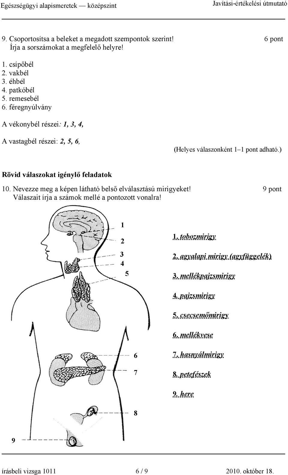 Nevezze meg a képen látható belső elválasztású mirigyeket! 9 pont Válaszait írja a számok mellé a pontozott vonalra! 1 2 3 4 55 1. tobozmirigy 2.