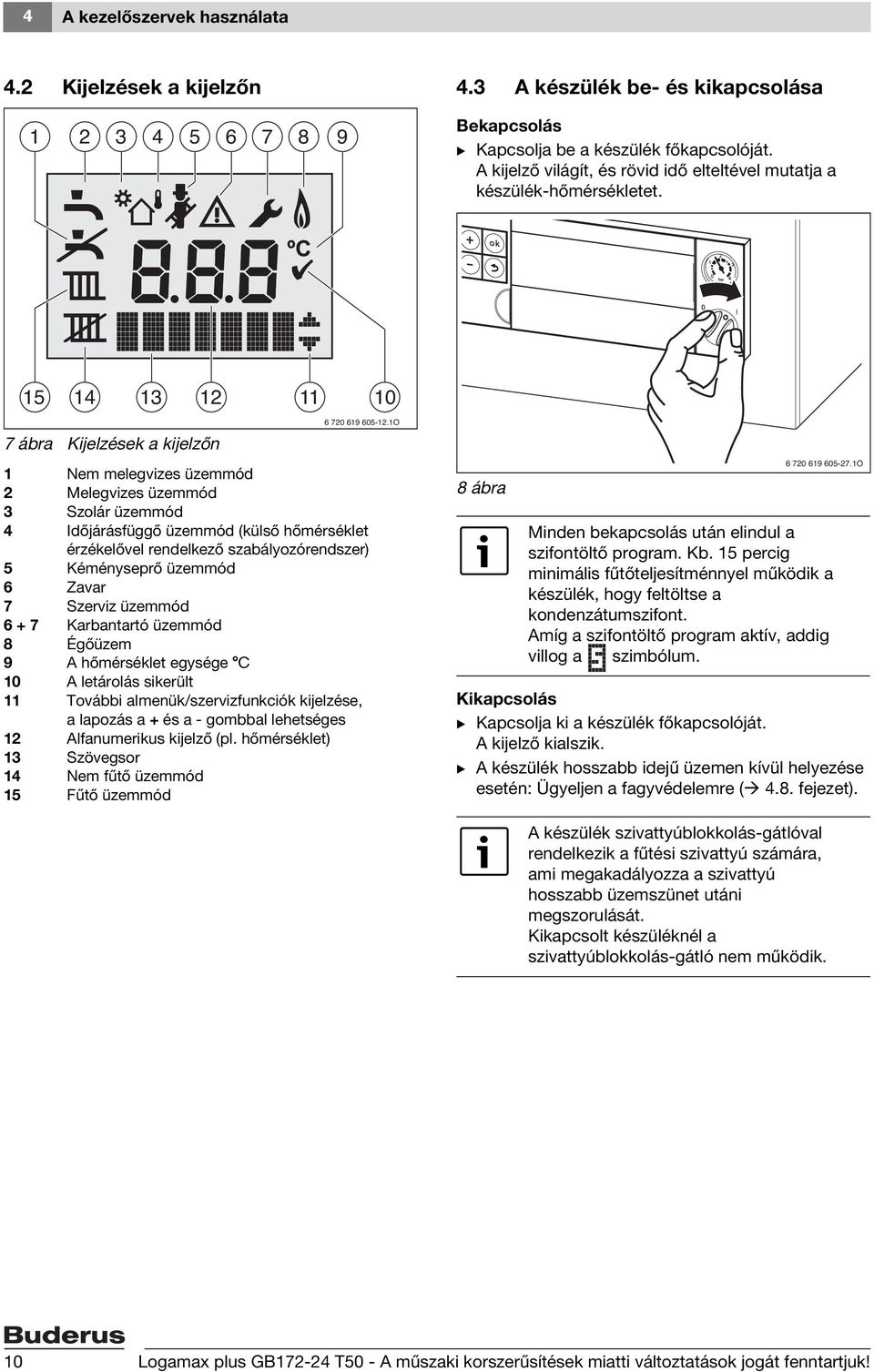 15 14 13 12 7 ábra Kijelzések a kijelzőn 11 1 Nem melegvizes üzemmód 2 Melegvizes üzemmód 3 Szolár üzemmód 4 Időjárásfüggő üzemmód (külső hőmérséklet érzékelővel rendelkező szabályozórendszer) 5