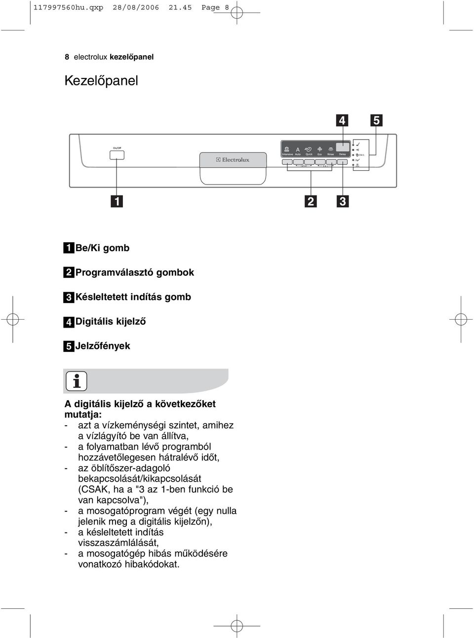 digitális kijelző a következőket mutatja: - azt a vízkeménységi szintet, amihez a vízlágyító be van állítva, - a folyamatban lévő programból