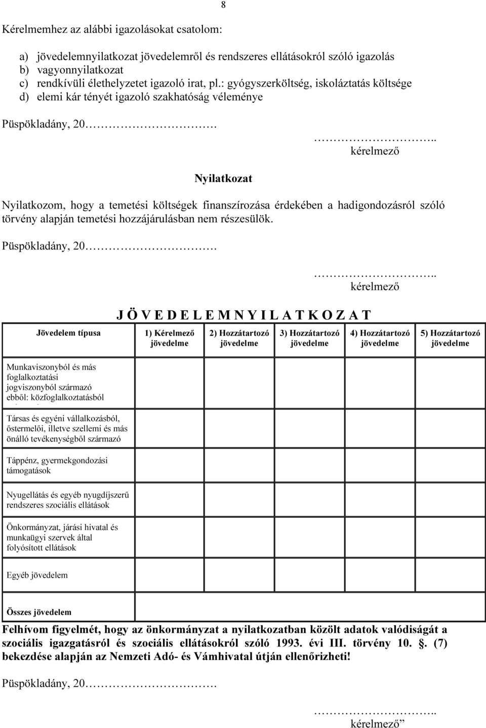 .. kérelmező Nyilatkozat Nyilatkozom, hogy a temetési költségek finanszírozása érdekében a hadigondozásról szóló törvény alapján temetési hozzájárulásban nem részesülök. Püspökladány, 20.