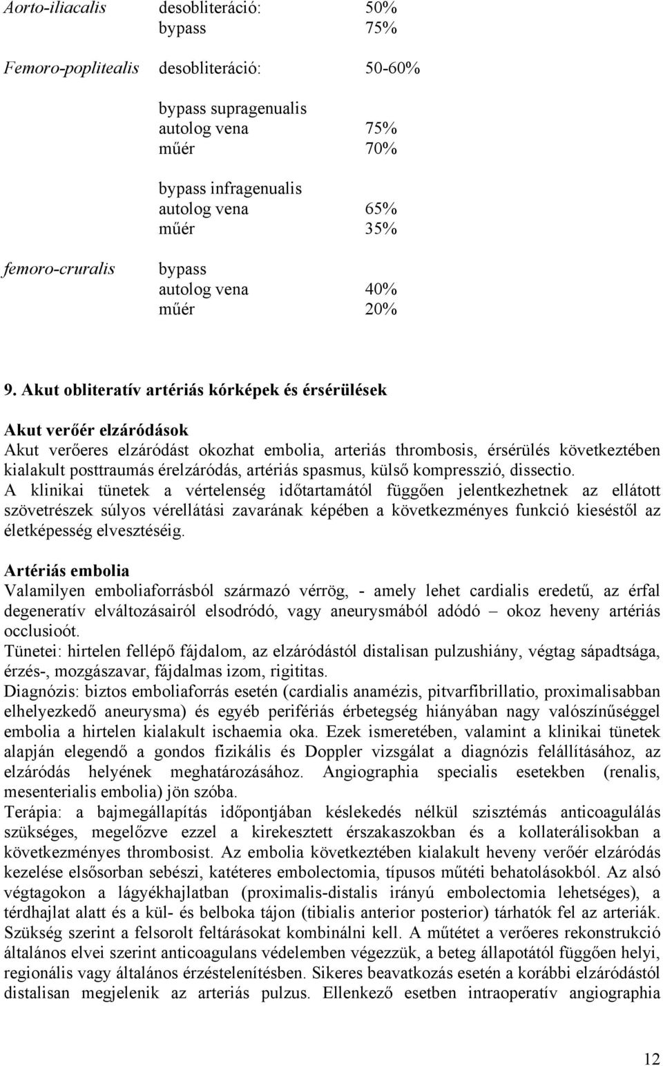 Akut obliteratív artériás kórképek és érsérülések Akut verőér elzáródások Akut verőeres elzáródást okozhat embolia, arteriás thrombosis, érsérülés következtében kialakult posttraumás érelzáródás,