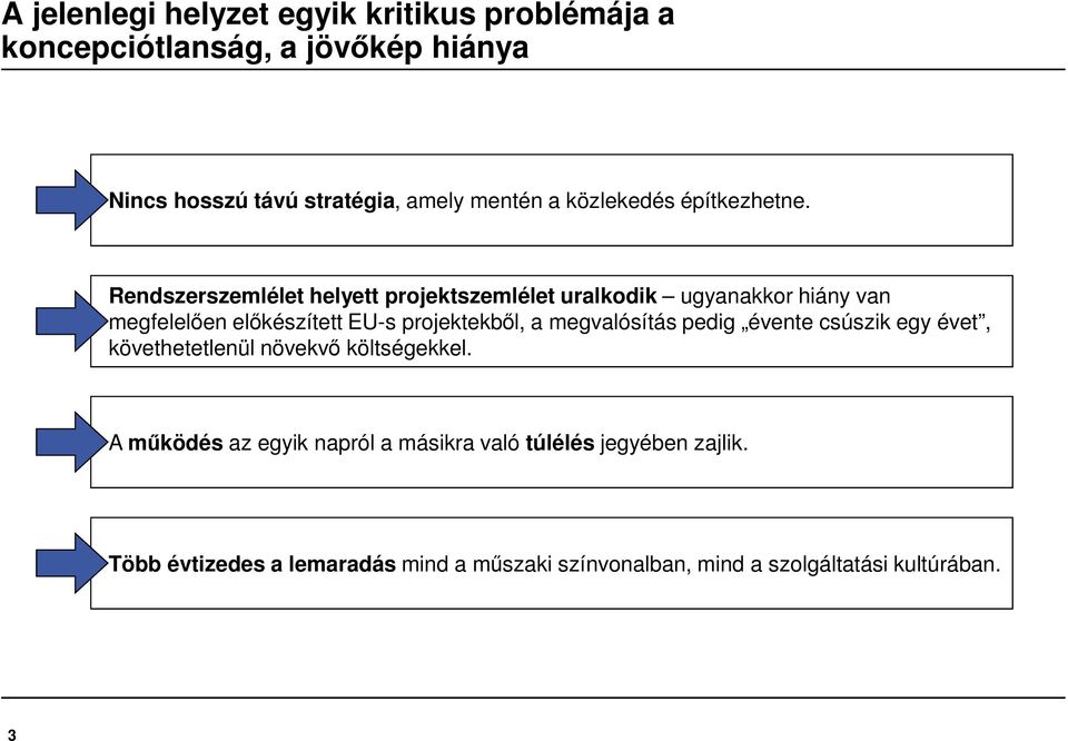Rendszerszemlélet helyett projektszemlélet uralkodik ugyanakkor hiány van megfelelően előkészített EU-s projektekből, a