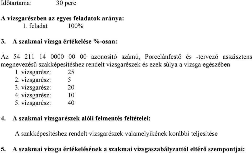 rendelt vizsgarészek és ezek súlya a vizsga egészében 1. vizsgarész: 25 2. vizsgarész: 5 3. vizsgarész: 20 4. vizsgarész: 10 5. vizsgarész: 40 4.