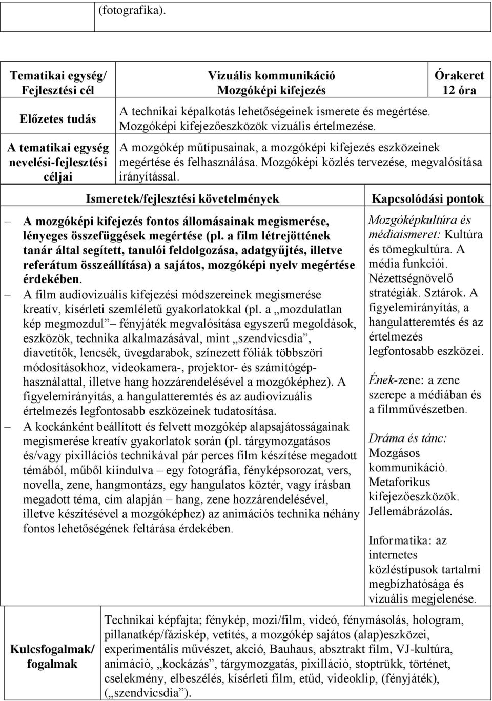 A mozgóképi kifejezés fontos állomásainak megismerése, lényeges összefüggések megértése (pl.