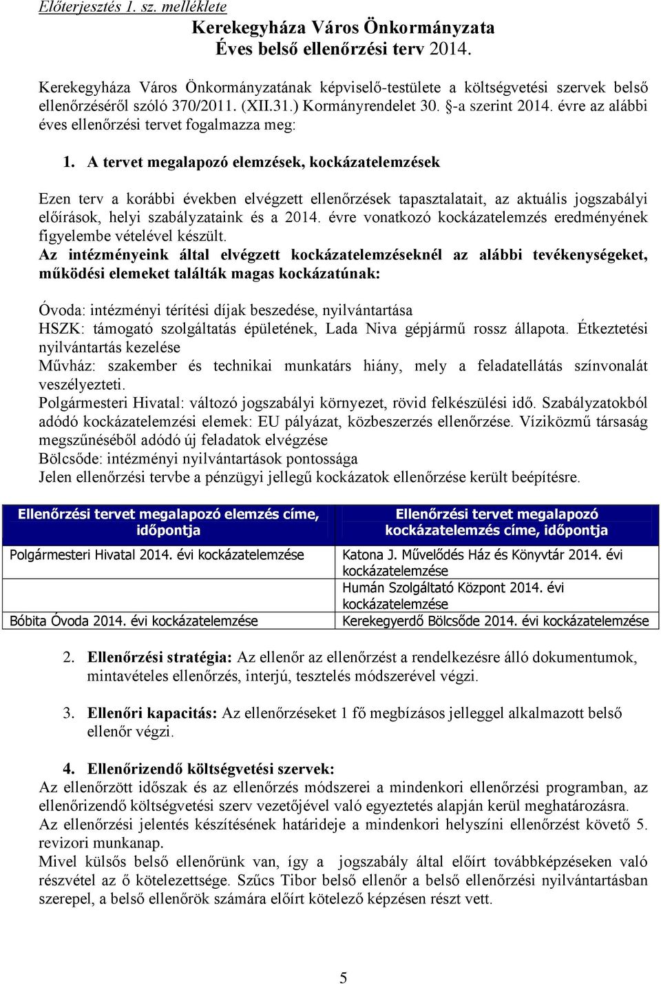 évre az alábbi éves ellenőrzési tervet fogalmazza meg: 1.