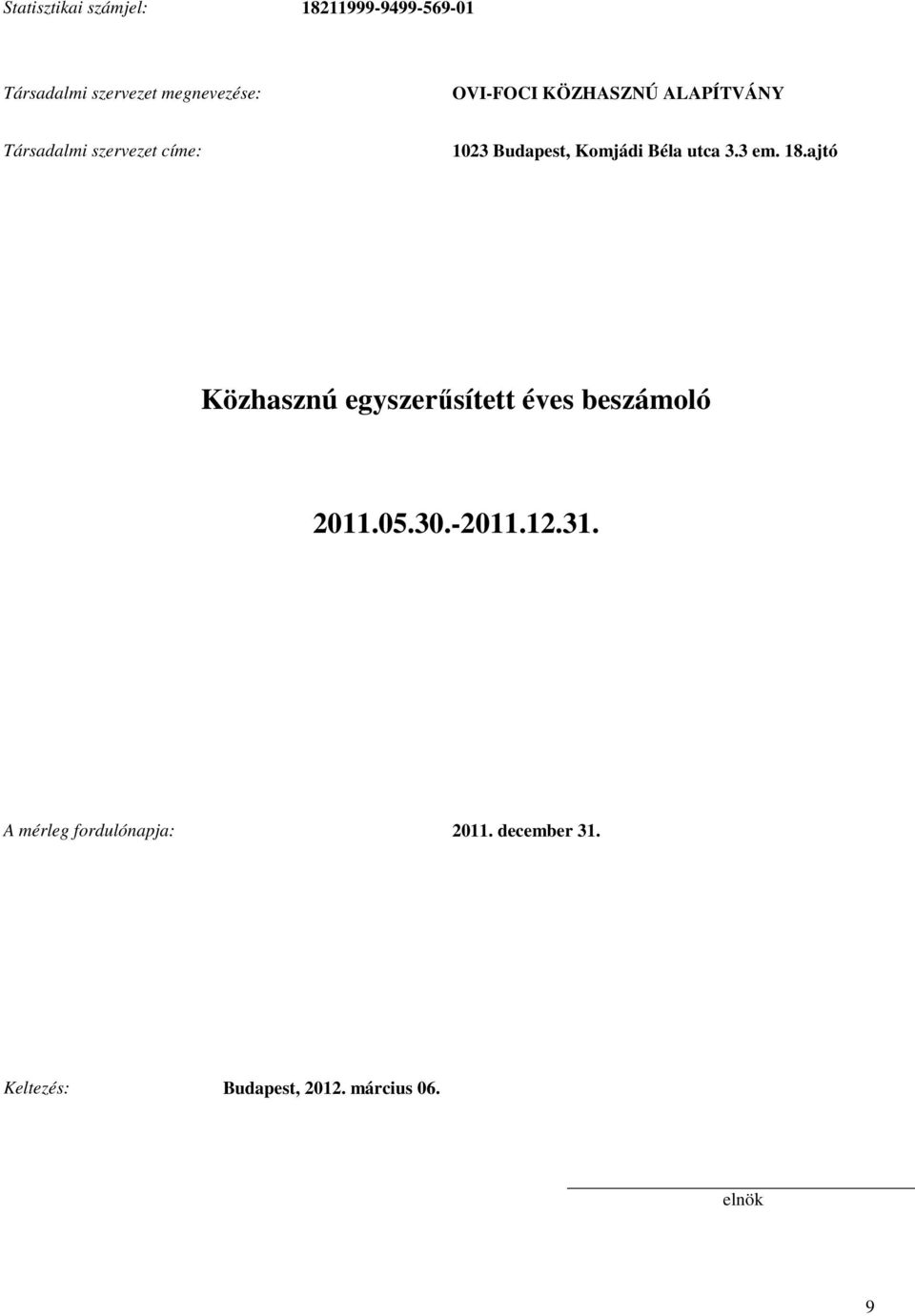 Béla utca 3.3 em. 18.ajtó Közhasznú egyszerűsített éves beszámoló 2011.05.30.-2011.