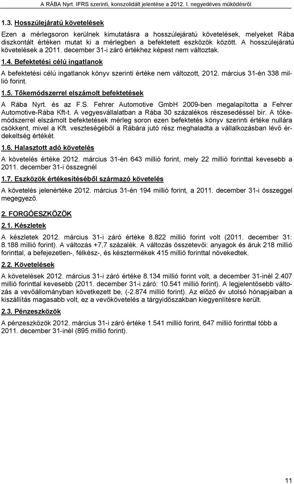 március 31-én 338 millió forint. 1.5. Tőkemódszerrel elszámolt befektetések A Rába Nyrt. és az F.S. Fehrer Automotive GmbH 2009-ben megalapította a Fehrer Automotive-Rába Kft-t.