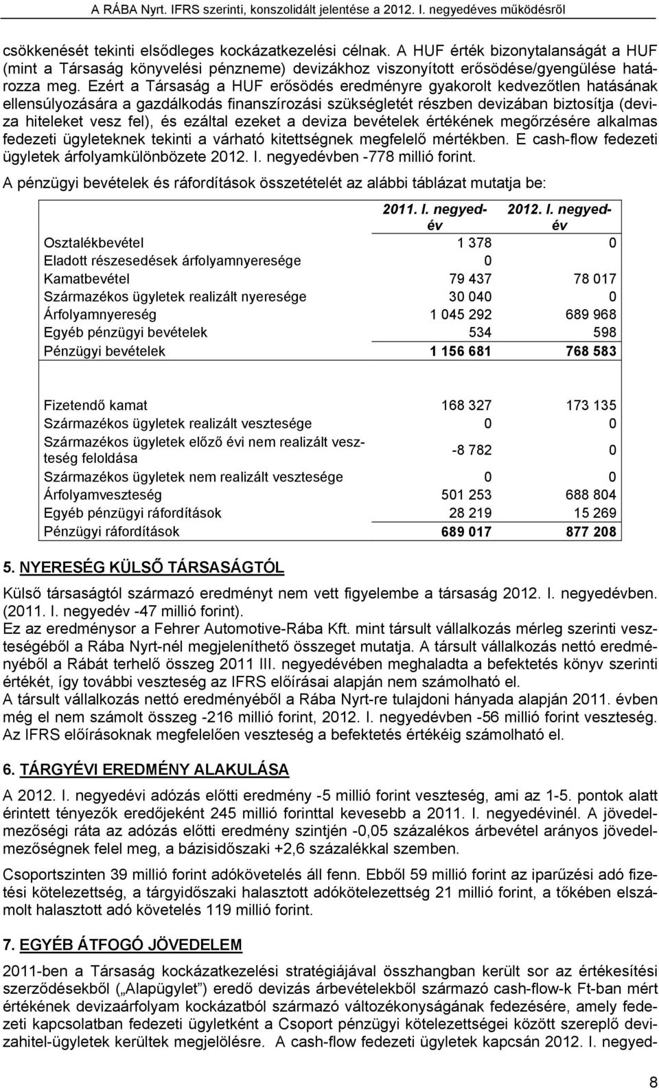 ezáltal ezeket a deviza bevételek értékének megőrzésére alkalmas fedezeti ügyleteknek tekinti a várható kitettségnek megfelelő mértékben. E cash-flow fedezeti ügyletek árfolyamkülönbözete 2012. I.