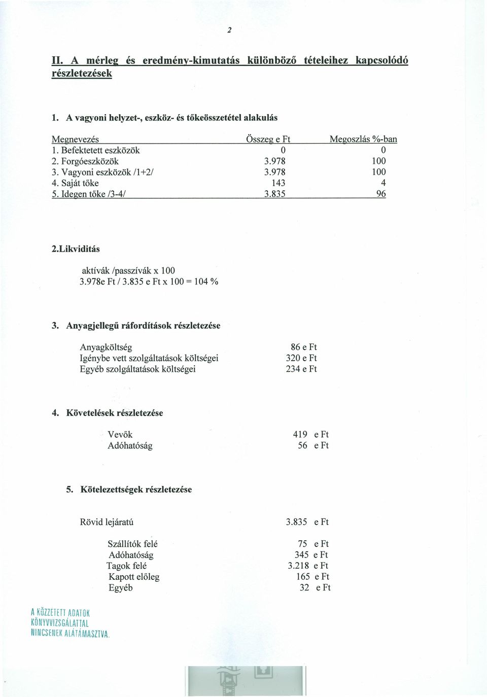 835 e Ft x 100 = 104 % 3. Anyagjellegű ráfordítások részletezése Anyagköltség Igénybe vett szolgáltatások költségei Egyéb szolgáltatások költségei 86 e Ft 320 e Ft 234 e Ft 4.