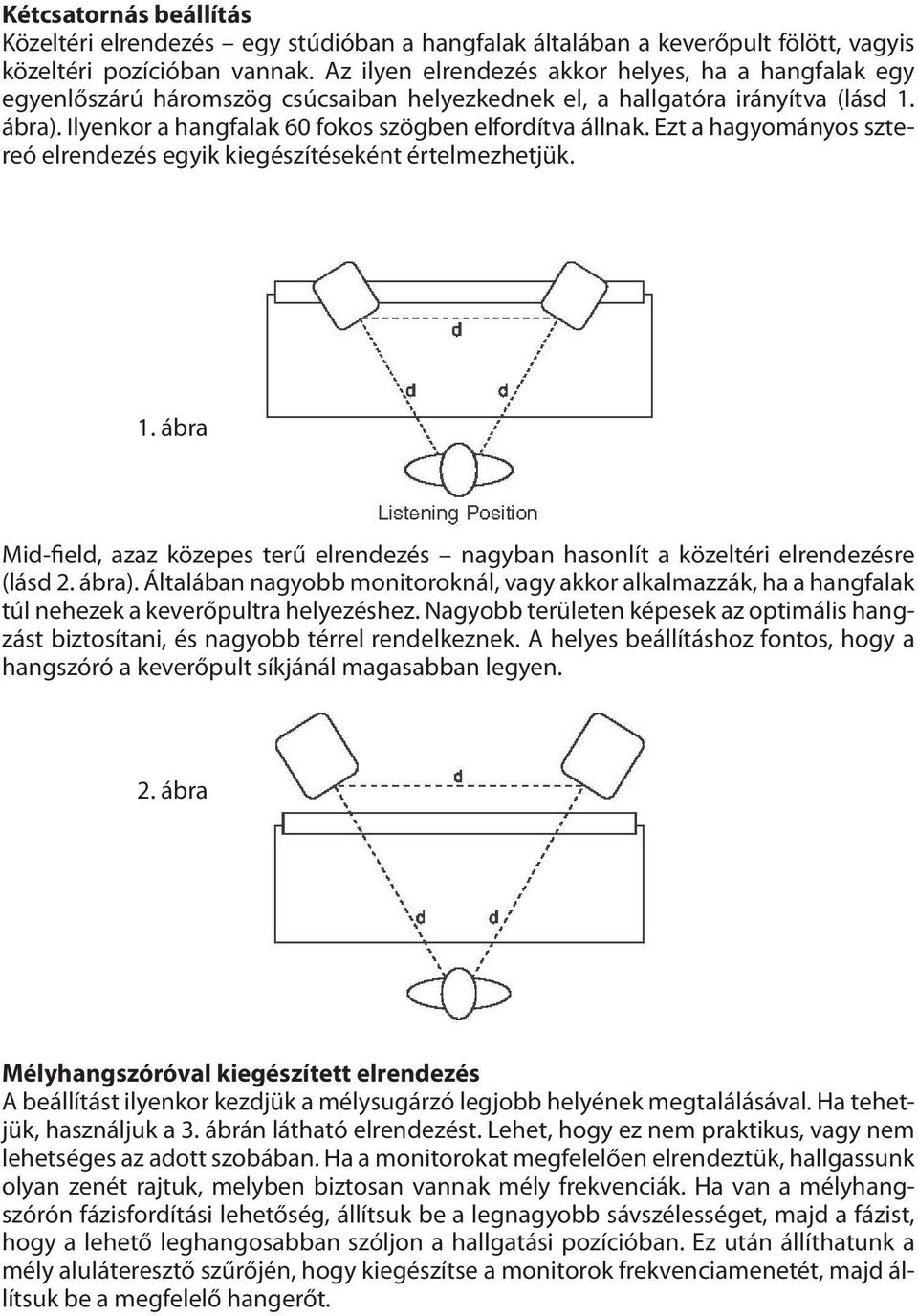 Ezt a hagyományos sztereó elrendezés egyik kiegészítéseként értelmezhetjük. 1. ábra Mid-field, azaz közepes terű elrendezés nagyban hasonlít a közeltéri elrendezésre (lásd 2. ábra).