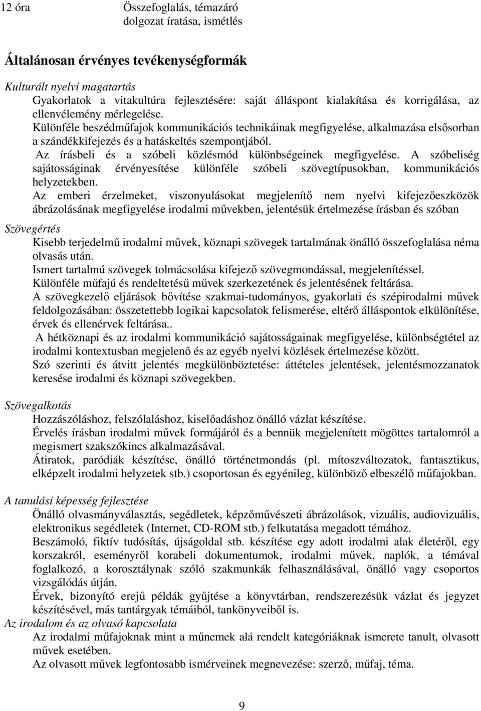 Az írásbeli és a szóbeli közlésmód különbségeinek megfigyelése. A szóbeliség sajátosságinak érvényesítése különféle szóbeli szövegtípusokban, kommunikációs helyzetekben.