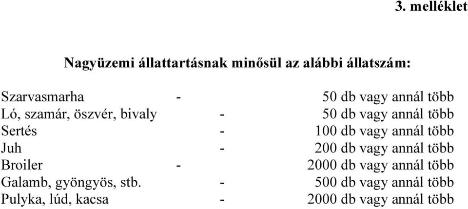 vagy annál több Juh - 200 db vagy annál több Broiler - 2000 db vagy annál több